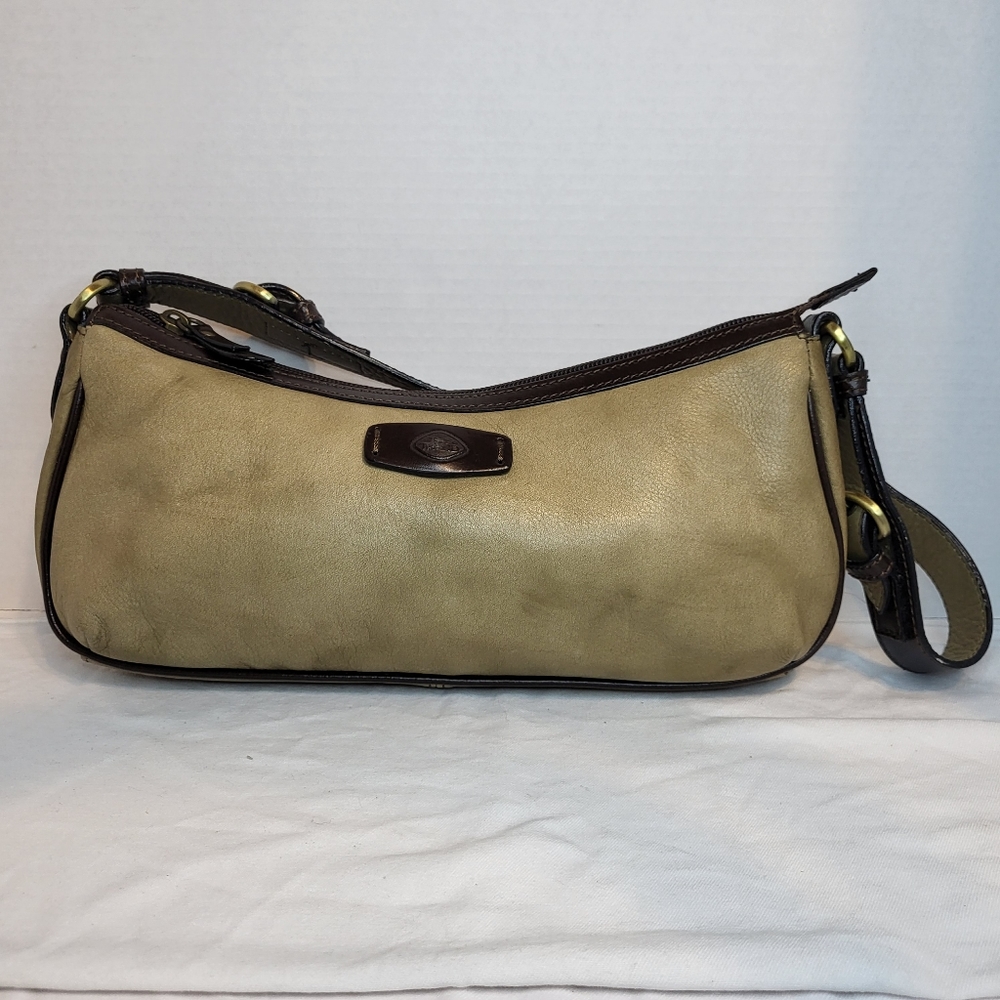 The Trend Y2K 2 toned tan-brown leather top zipper small shoulder.